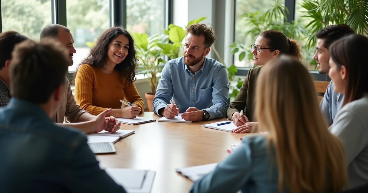 Grupo de pessoas diversas reunidas em círculo, demonstrando cooperação e troca de ideias 