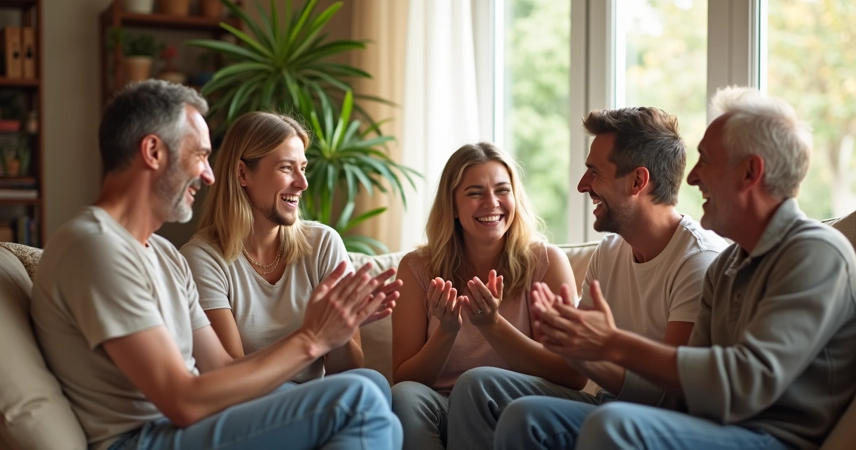 Grupo de pessoas diversas sorrindo e rindo sentados em um sofá 