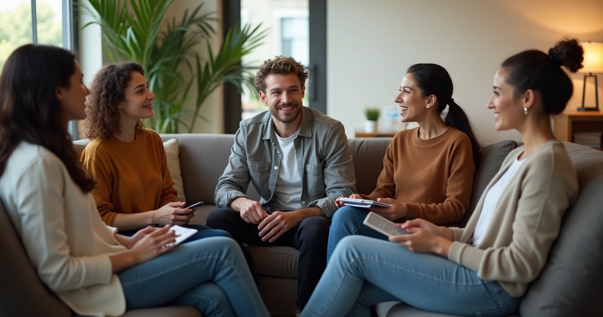 Grupo multicultural em sala silenciosa compartilhando olhares