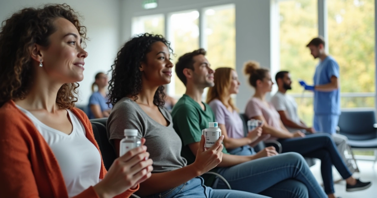 Grupo diverso de pessoas de 18 a 45 anos aguardando vacinação em ambiente de clínica moderna