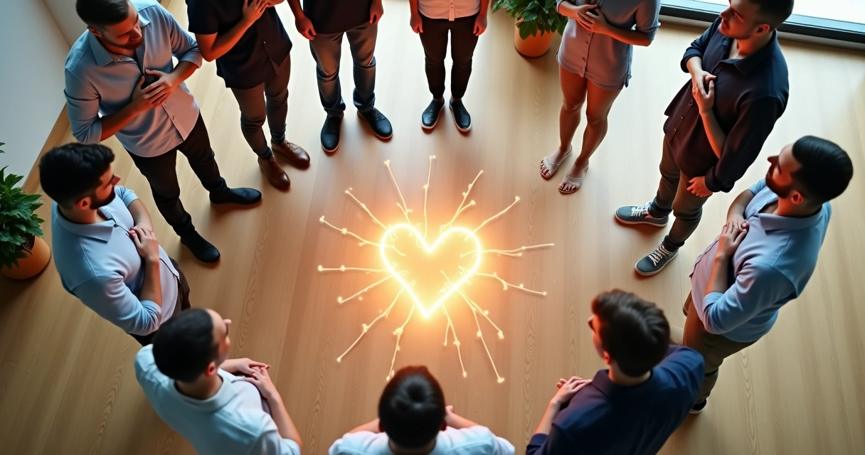 Grupo diverso em círculo visto de cima formando ícone de coração no centro 
