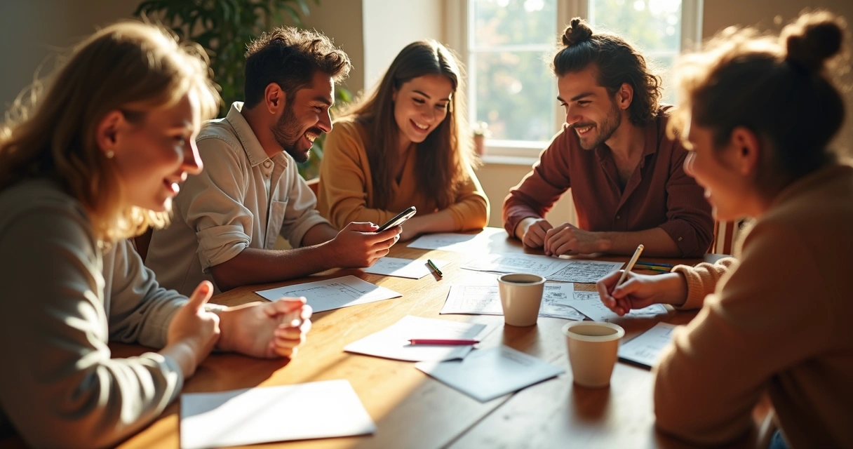 Grupo de pessoas reunido em mesa dividindo cotas do bolão 
