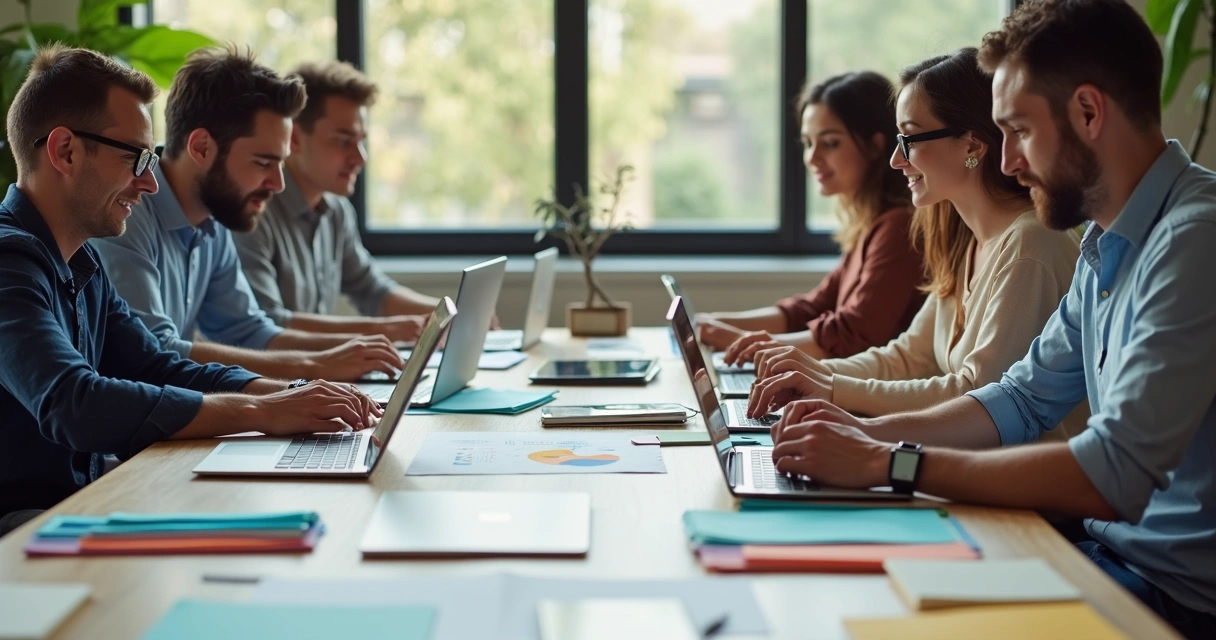 Equipe reunida em volta de uma mesa com laptops organizando arquivos digitais 