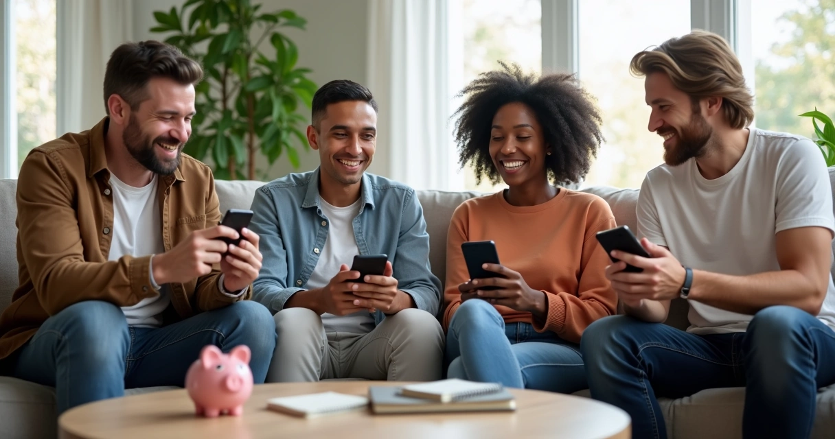 Grupo de pessoas reunidas olhando celulares e sorrindo em sala arejada 