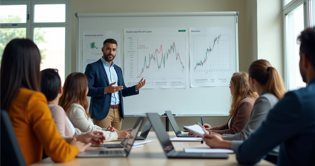 Educador financeiro lidera workshop com grupo atento em sala moderna 