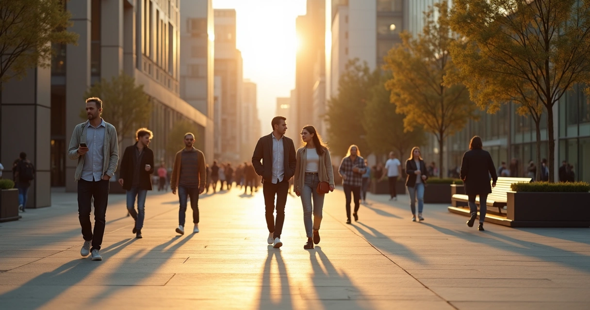 Grupo diverso caminhando em ambiente urbano refletindo diferentes níveis de consciência 