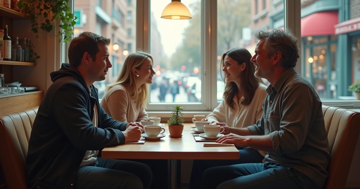 Pequeno grupo conversando em café de bairro 