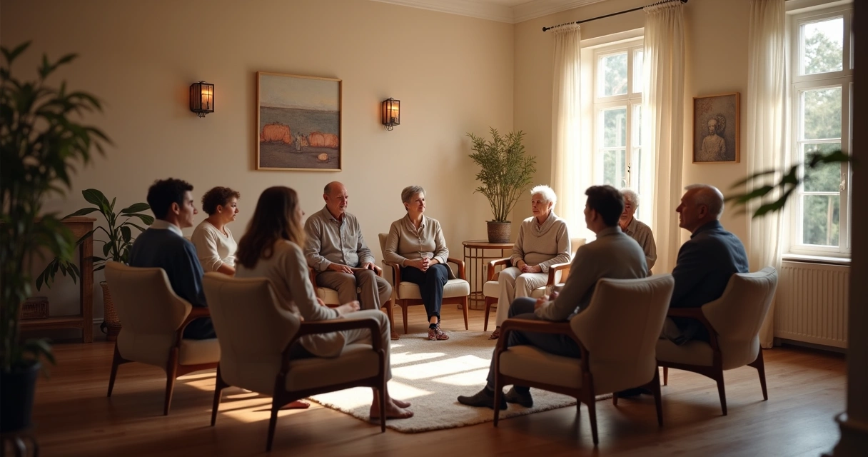 Grupo de pessoas sentadas em círculo conversando em ambiente acolhedor. 