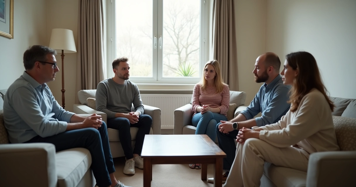 Grupo em conversa tensa em sala clara