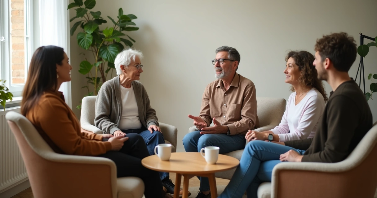 Grupo em roda conversando em ambiente acolhedor