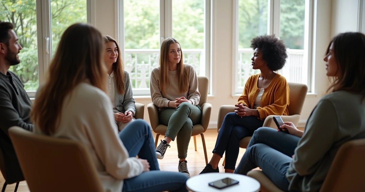 Grupo em roda conversando com atenção em ambiente claro