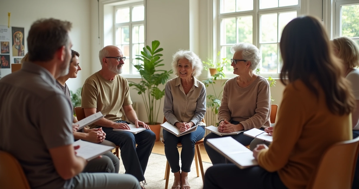 Grupo diverso conversando em círculo em ambiente claro 