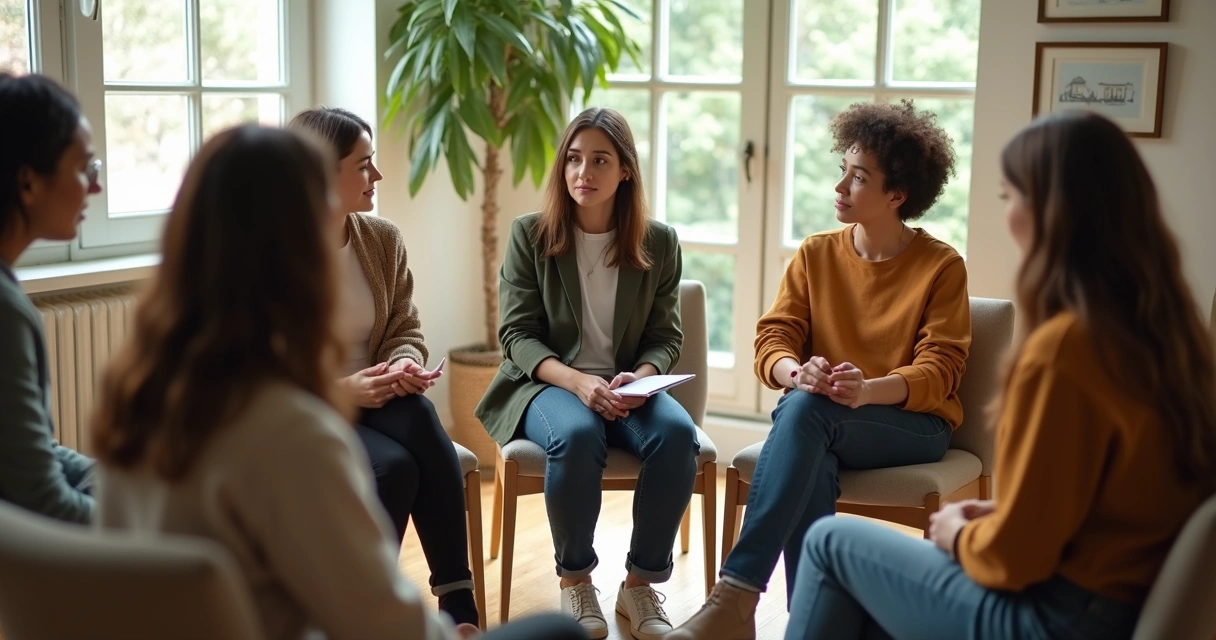 Pequeno grupo em roda conversando com atenção 