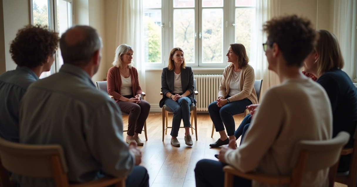 Pessoas participando de uma sessão de constelação familiar, sentadas em círculo. 