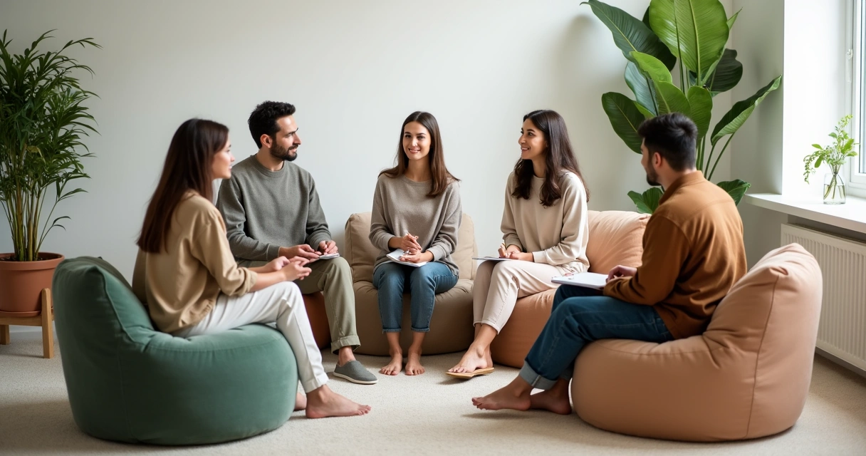 Grupo pequeno em prática contemplativa guiada em sala clara 