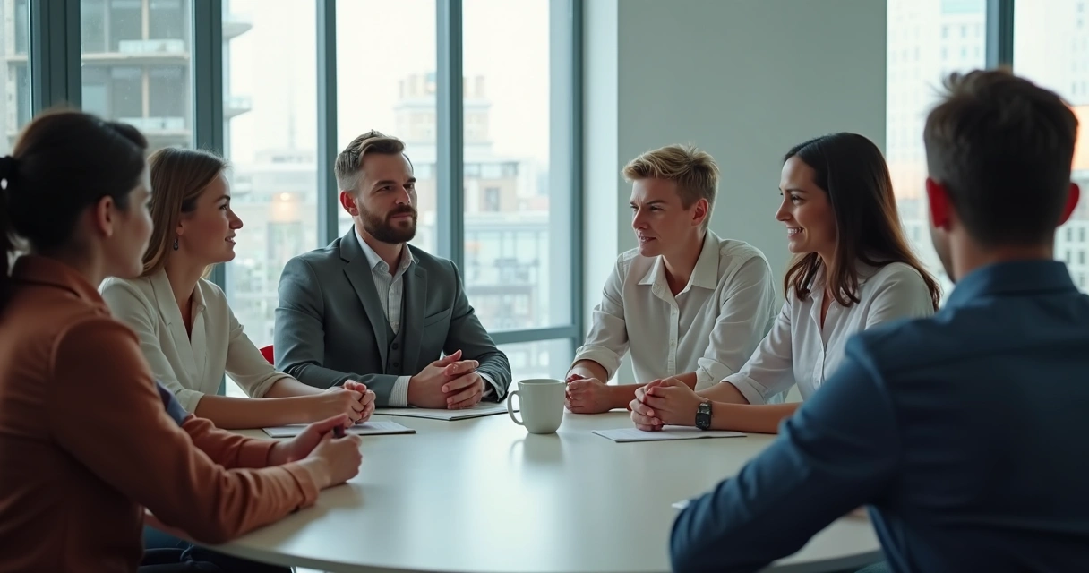 Grupo em reunião com posturas sociais diferentes