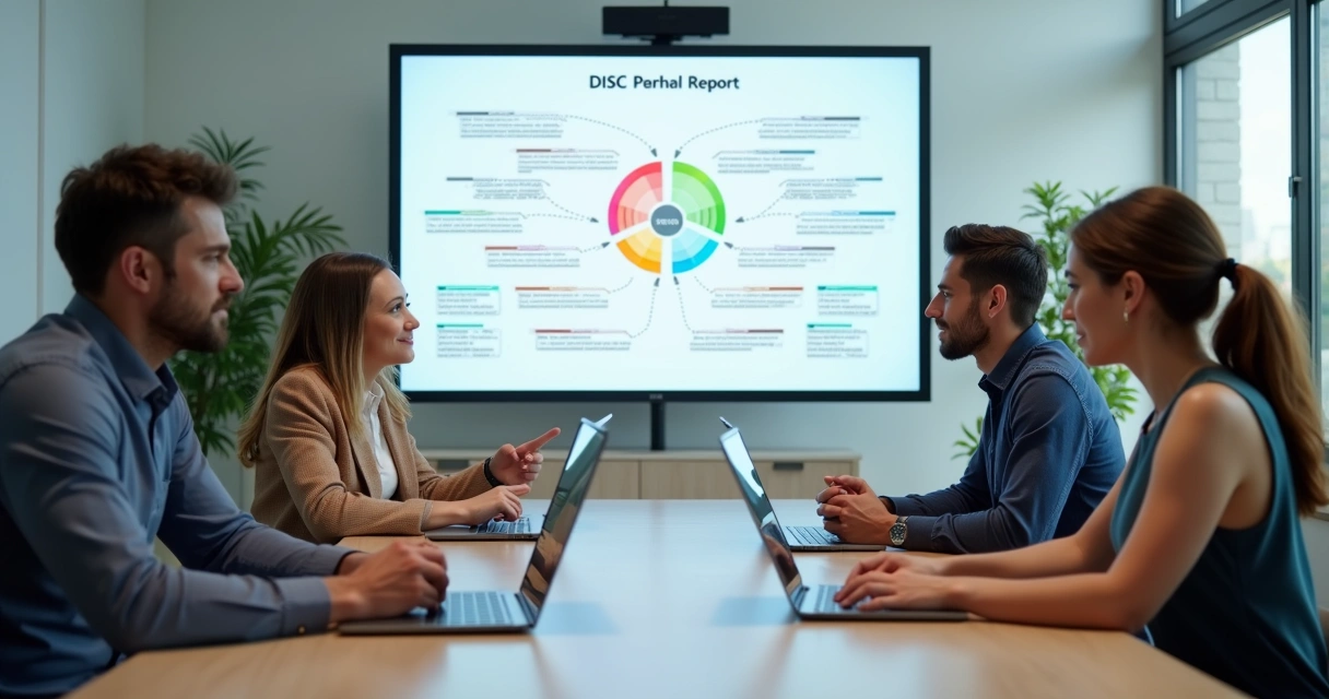 Grupo de colaboradores em reunião avaliando resultados comportamentais 