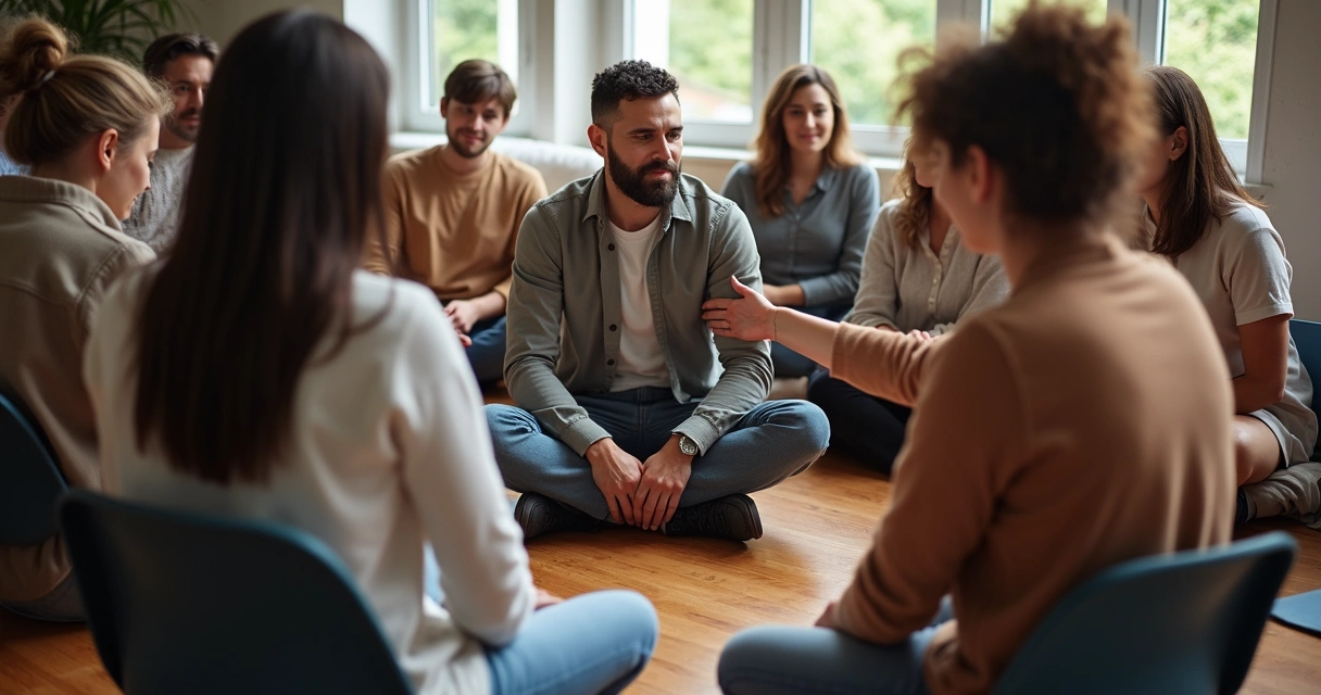 Grupo de pessoas sentadas em círculo apoiando uma pessoa no centro 