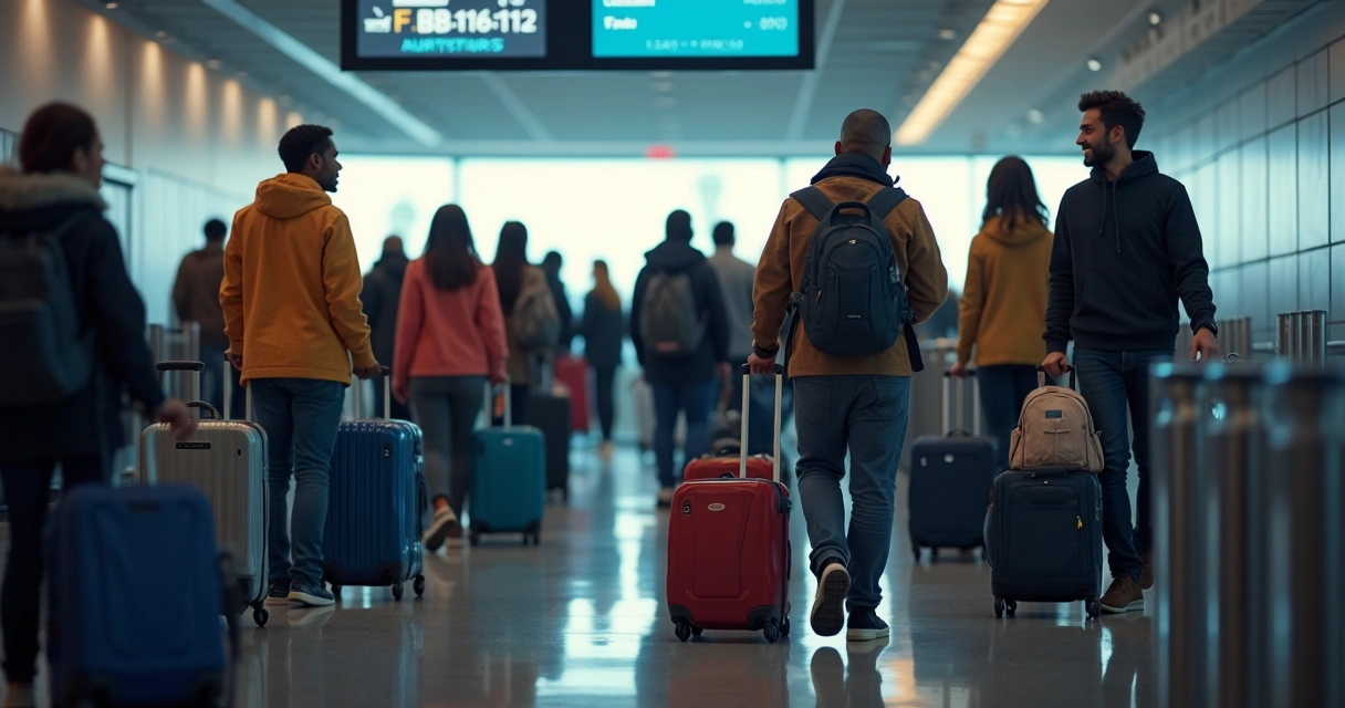 Um grupo de pessoas organizadas aguardando para embarcar no portão de um aeroporto 
