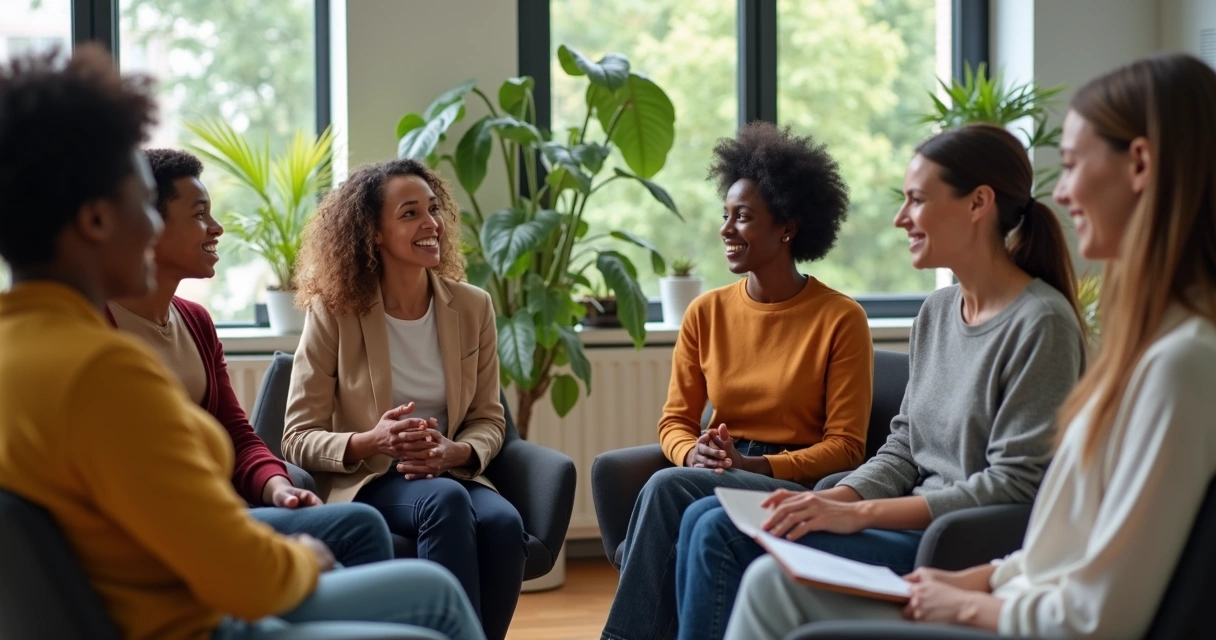 Pessoas em roda compartilhando emoções positivas 