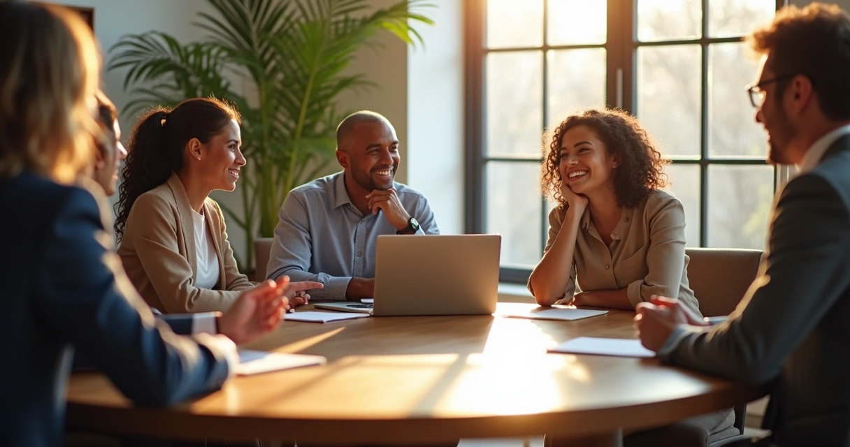 Grupo de pessoas em uma mesa de reunião compartilhando emoções de forma visível e sutil 