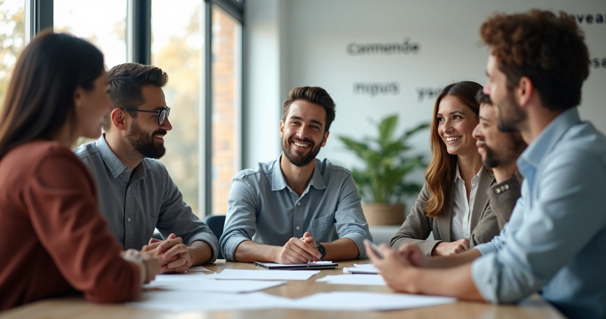 Equipe de trabalho reunida conversando em círculo em sala de escritório