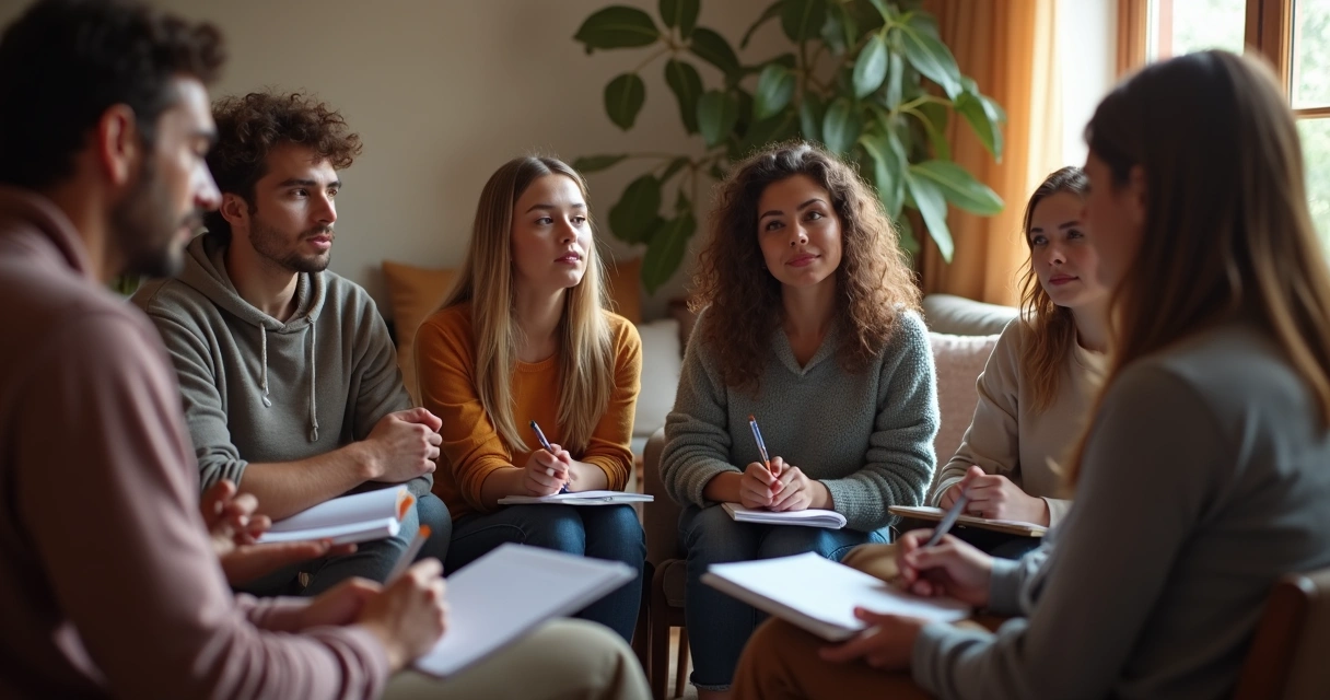 Personas sentadas en círculo compartiendo preguntas de autoconciencia 