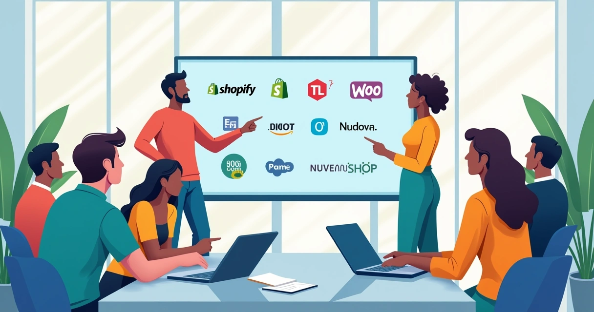 Grupo diversificado de empreendedores analisando plataformas de e-commerce em um ambiente moderno de escritório.