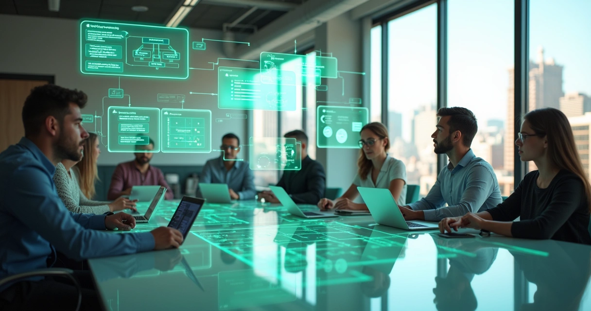 Empreendedores observando projeções holográficas de IAs e conversas comerciais 