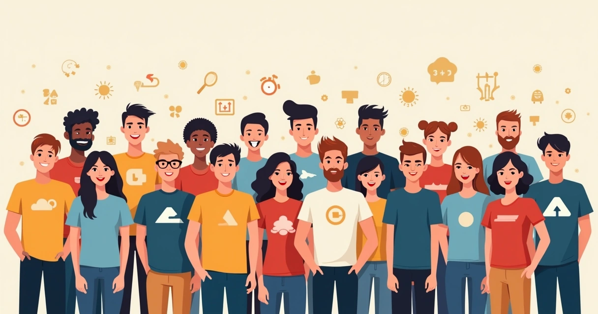 Equipe de jovens adultos usando camisetas personalizadas com logo, sorrindo. 