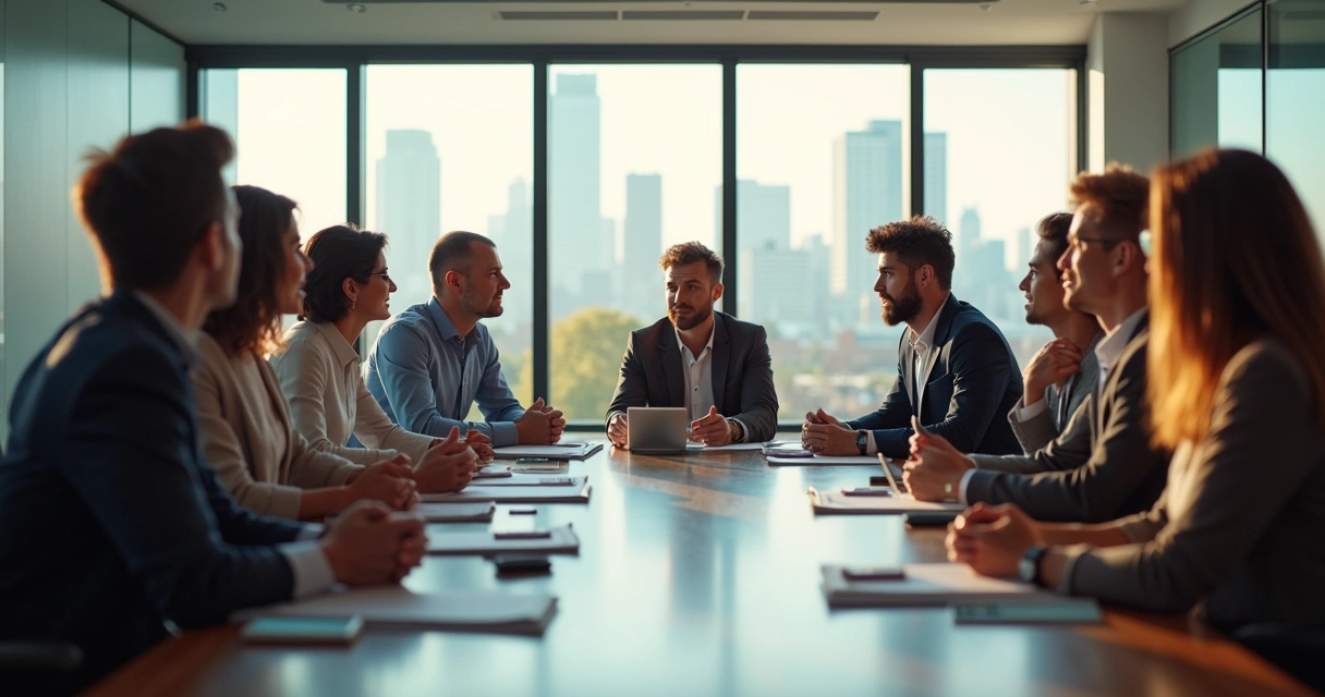 Equipe corporativa em reunião com expressões diversas