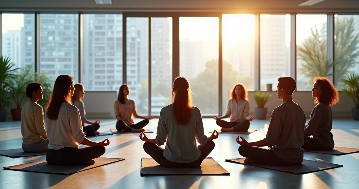 Colaboradores sentados em círculo meditando juntos em uma sala de escritório clara e ampla 