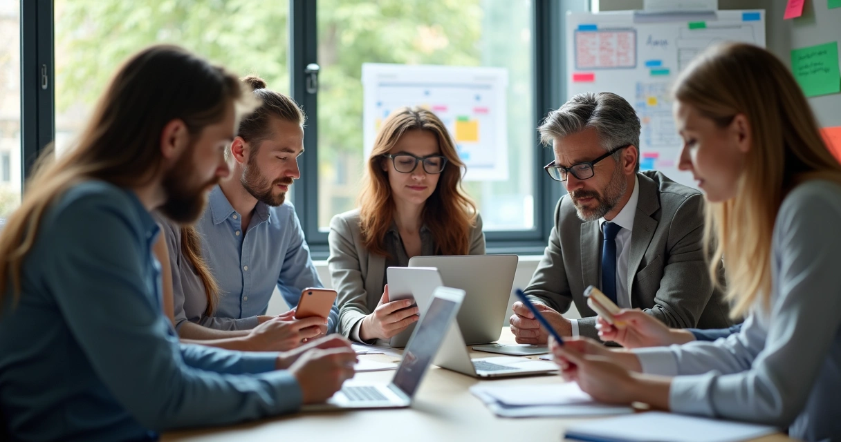Equipe em escritório debatendo ao redor de uma mesa, todos com celulares na mão.