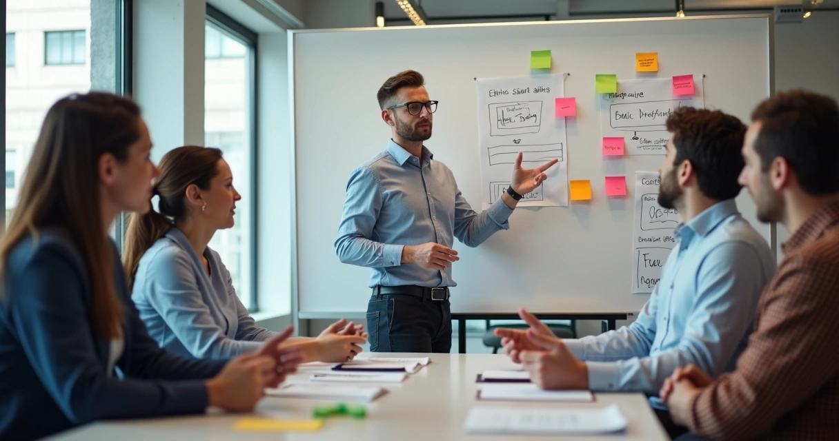 Equipe de empresa discutindo ética e valores em workshop, quadro branco e post-its visíveis 