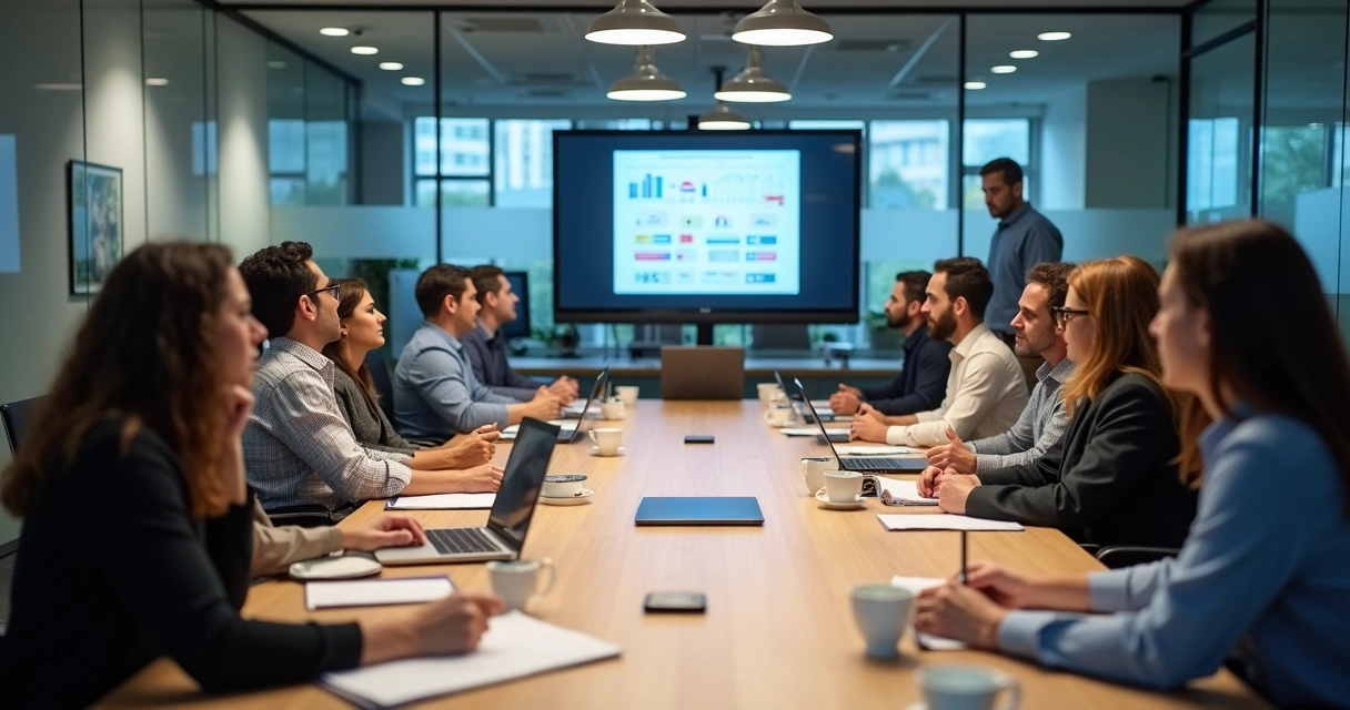 Equipe reunida em sala de treinamento corporativo