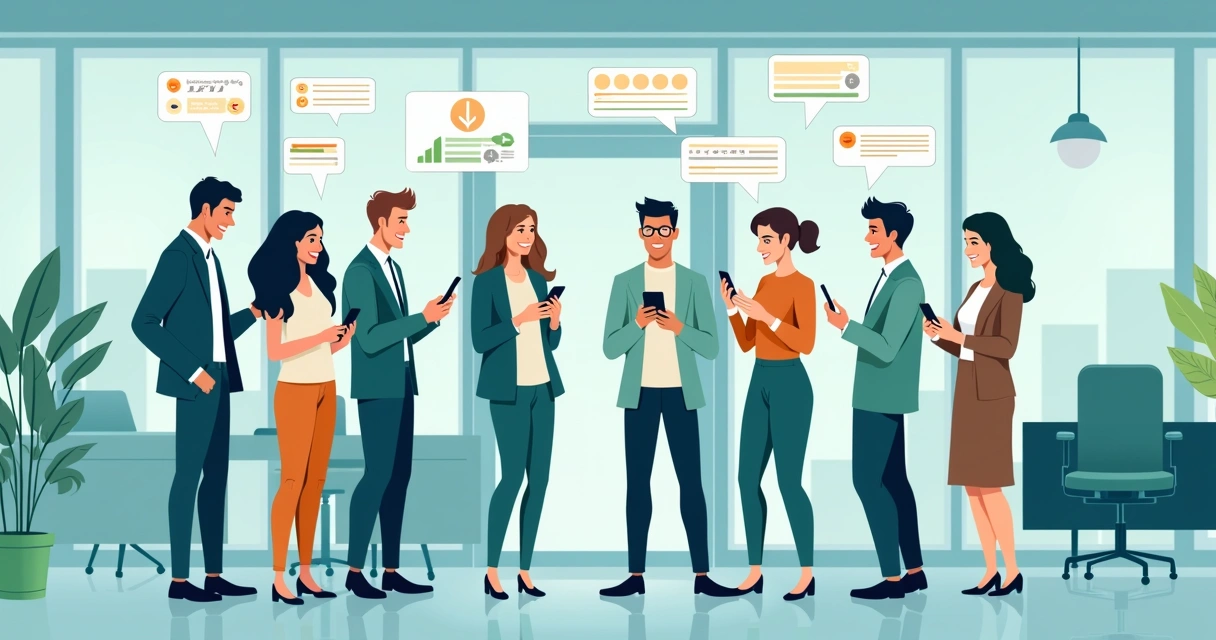 Time em roda interagindo pelo celular em ambiente corporativo 