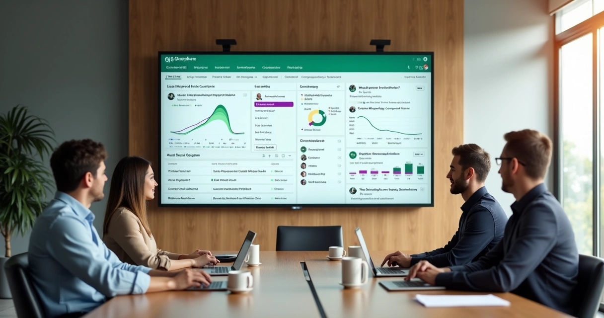 Pessoas em volta de uma mesa de trabalho acompanhando um painel digital com mensagens resumidas do WhatsApp 