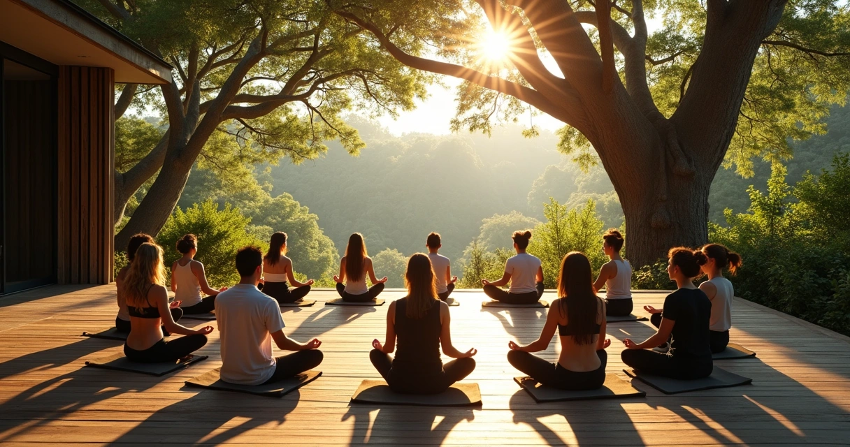 Equipe empresarial sentada meditando em roda sob árvores em ambiente natural 