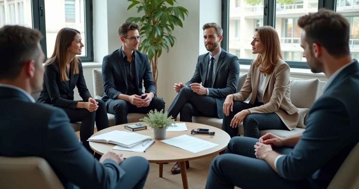 Grupo empresarial em reunião, pessoas sentadas em círculo olhando umas para as outras.