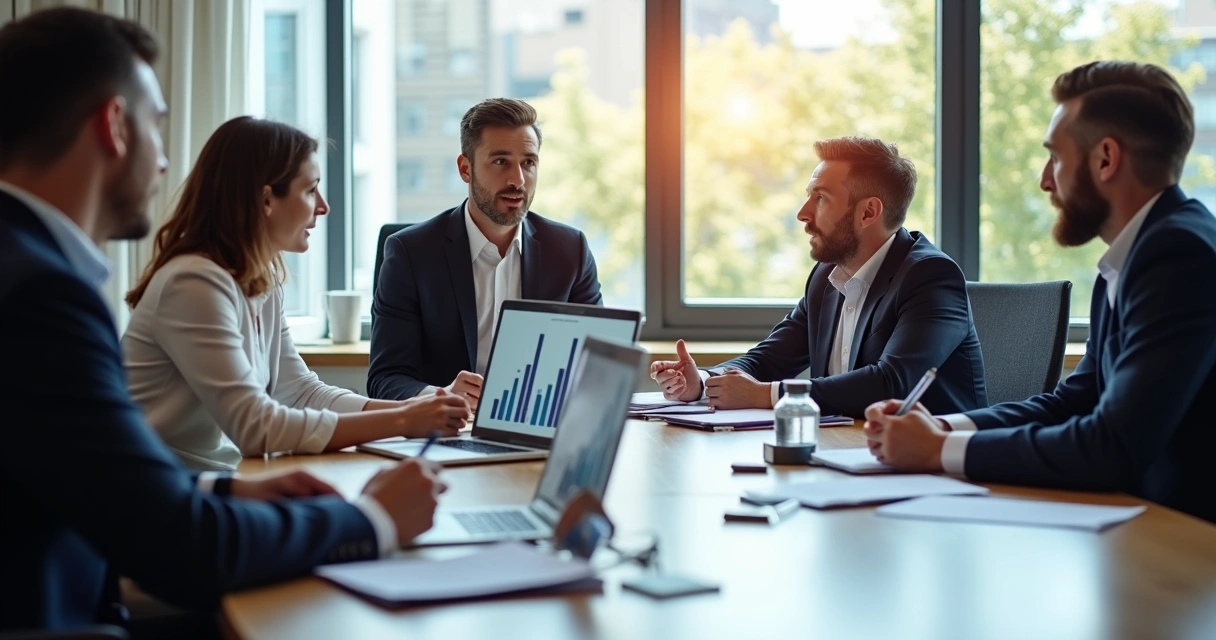 Empresários em reunião com jornalistas em uma mesa de escritório 