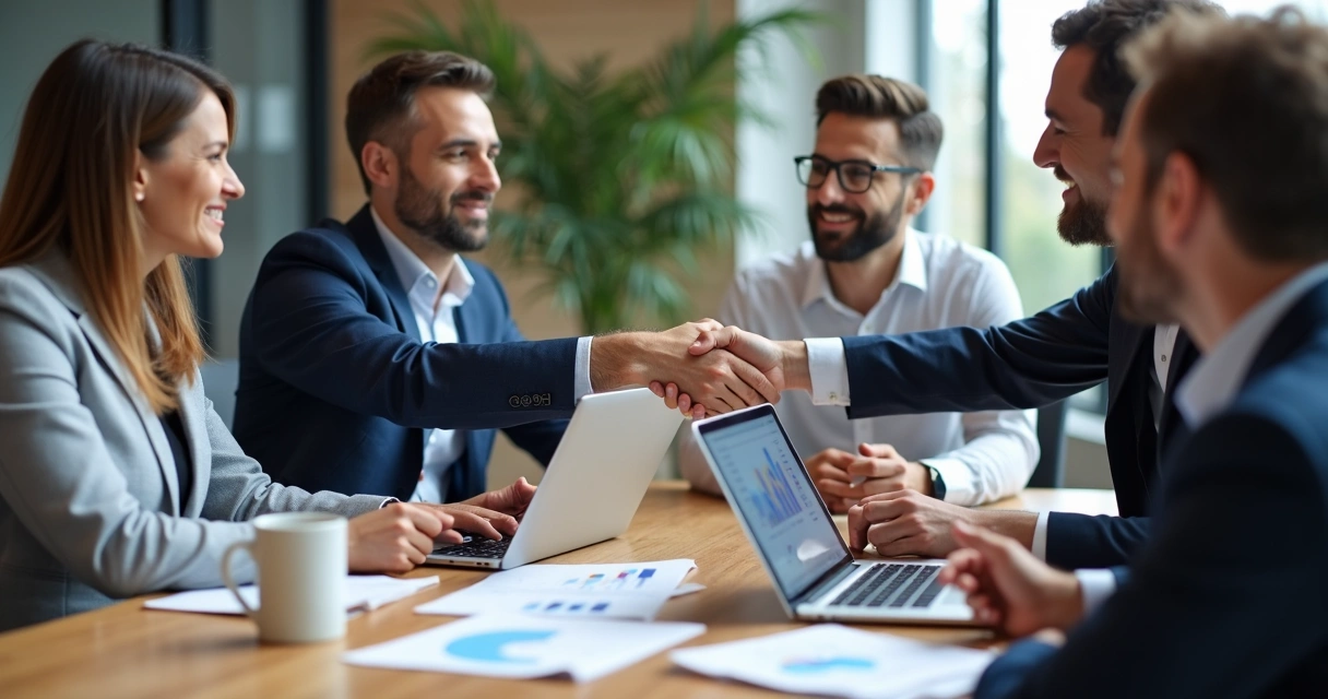 Grupo de empresários em reunião de negócios com papéis e computadores