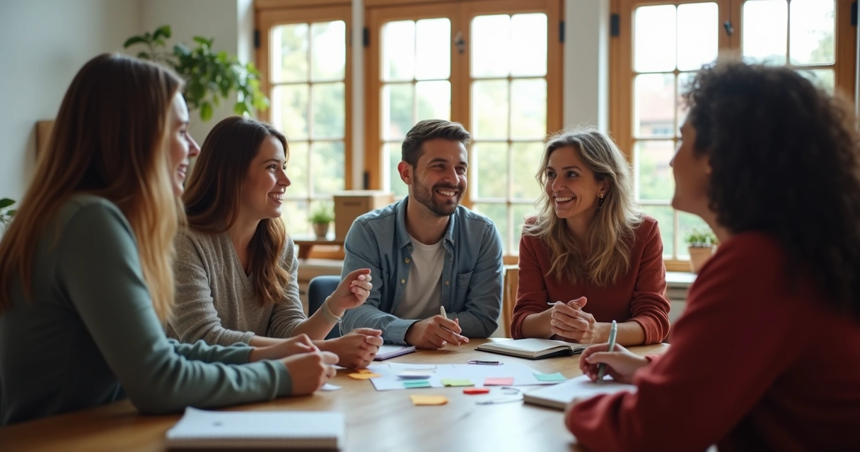 Grupo de pessoas reunidas, algumas sentadas e outras em pé, trocando ideias e apoiando uns aos outros em ambiente acolhedor