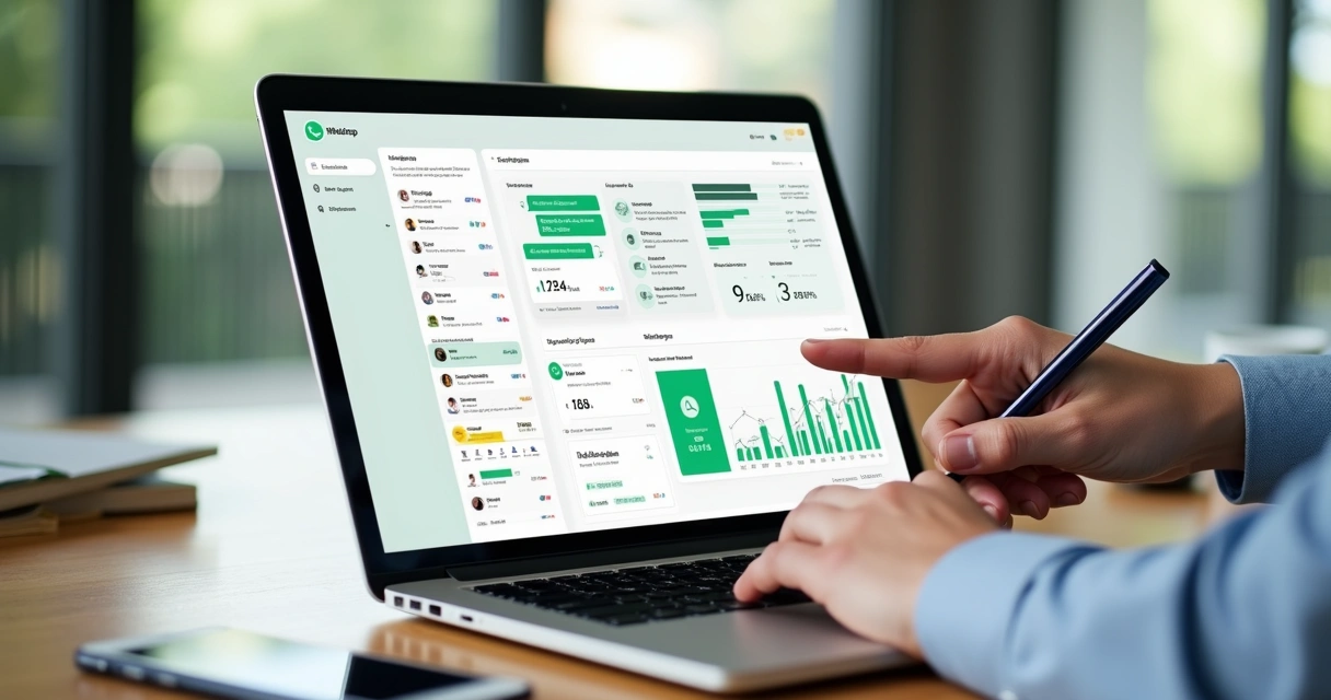 Administrador analisa painel de engajamento de grupos de WhatsApp em laptop com gráficos de participação 