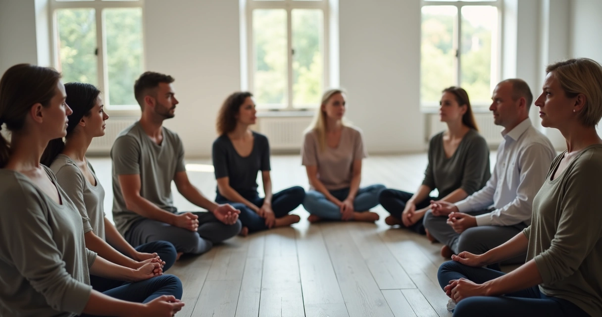 Personas sentadas en círculo realizando dinámica de grupo y reflexión 