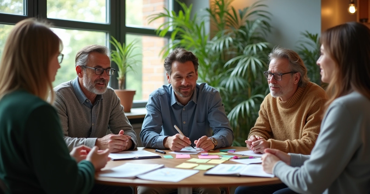 Equipe reunida discutindo projeto social em círculo 