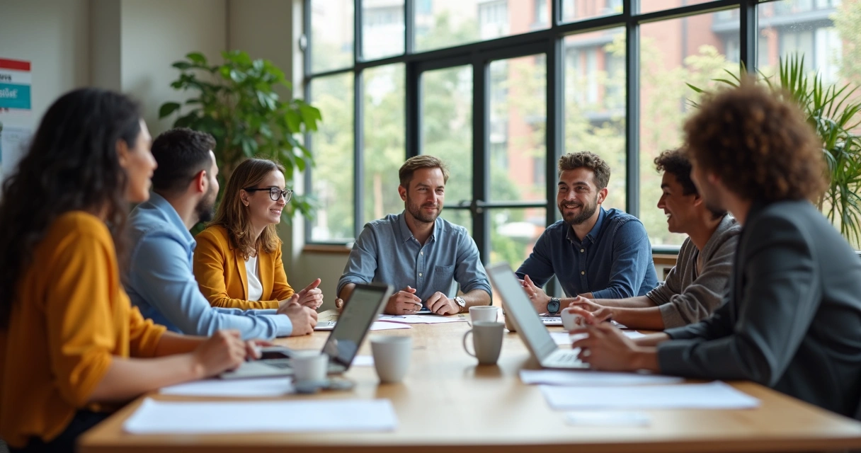 Grupo diverso de pessoas reunidas em volta de uma mesa discutindo.