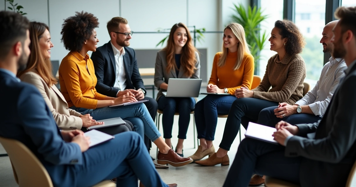 Equipe reunida em círculo, expressando união e confiança. 