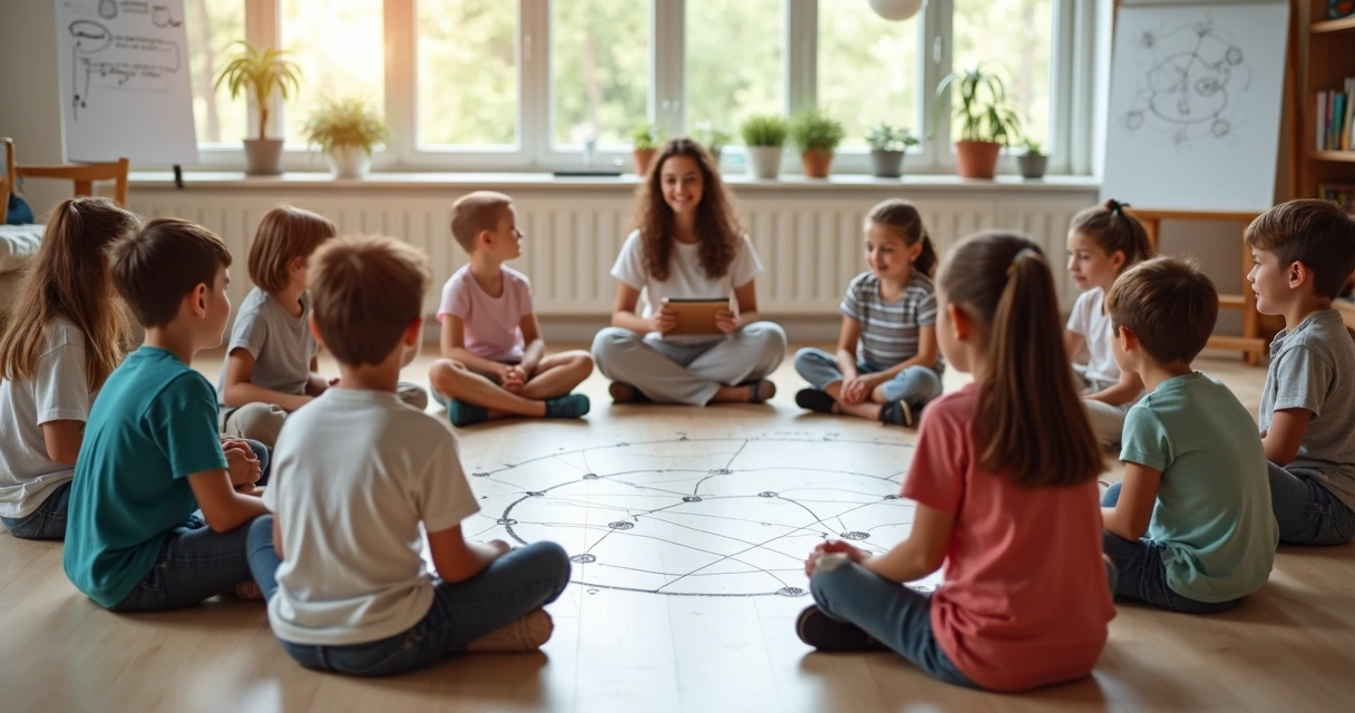 Grupo escolar em círculo conectado por desenho de constelação no chão 