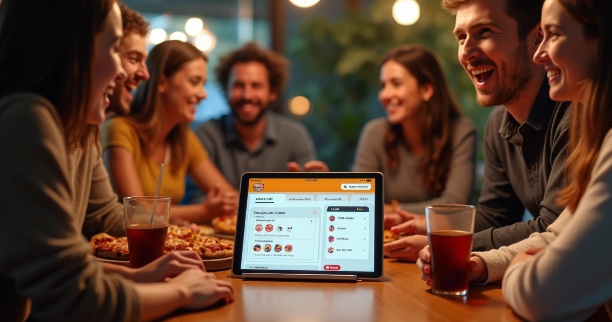 Grupo de pessoas reunido conversando sobre pizza com IA aberta em tablet