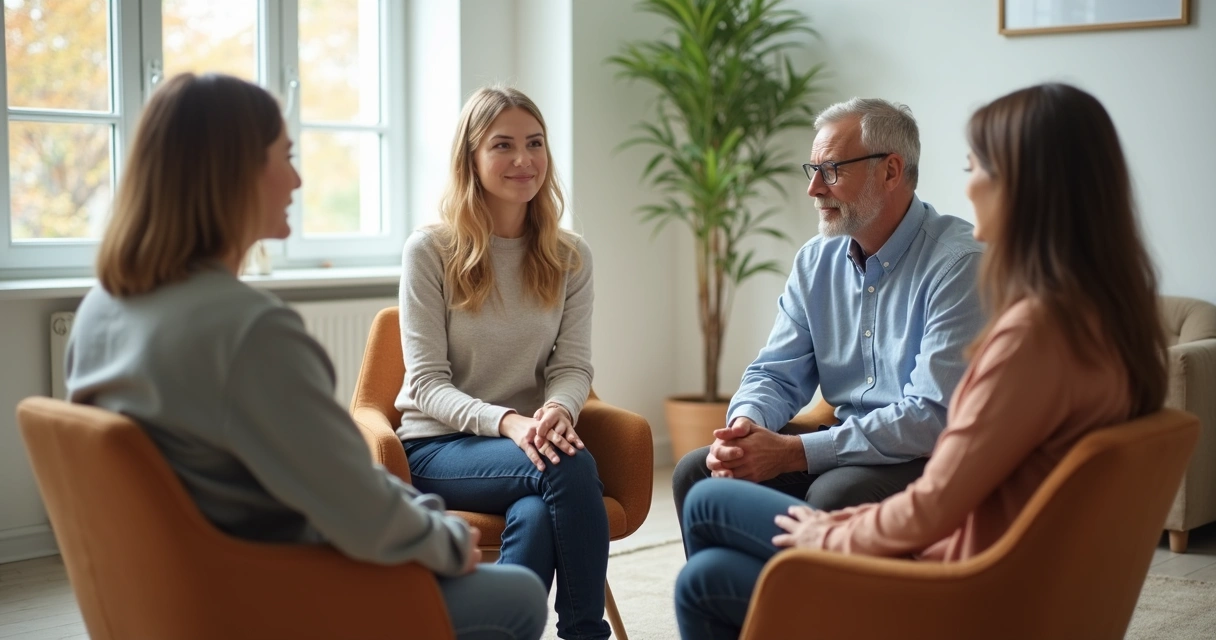 Grupo en conversación con gesto de escucha y apoyo mutuo